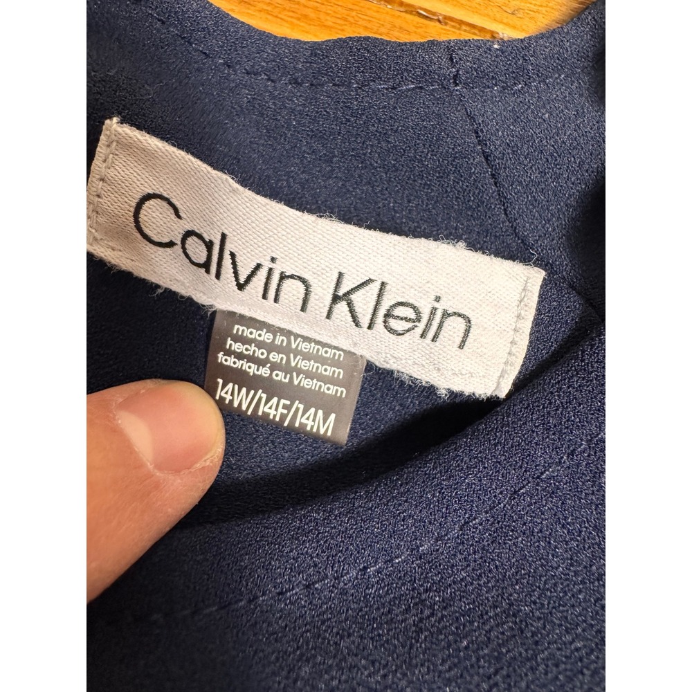 Calvin Klein Navy Puff Sleeve Belt Tie Waist Midi Dress Size 14W Altered Hem - Picture 6 of 10